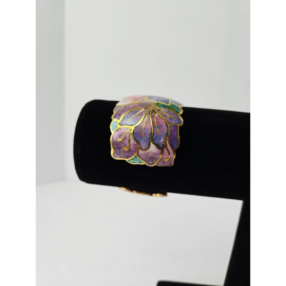 Vintage Signed David Kuo Champleve Enamel Cuff Bracelet Cloisonné Butterfly pink - Picture 2 of 4